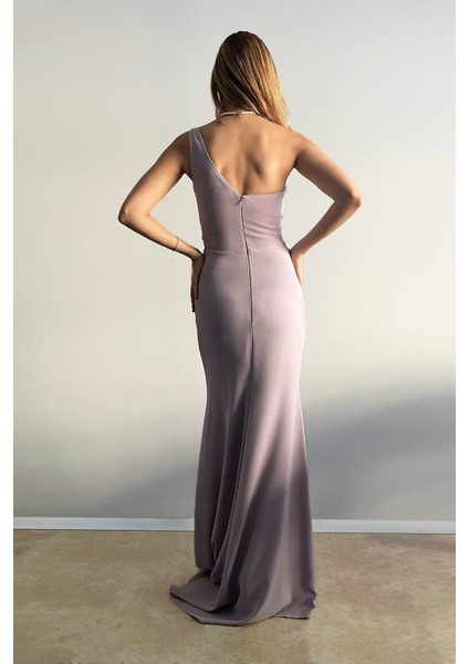 Tek Omuz Drape Detay Yırtmaçlı Abiye