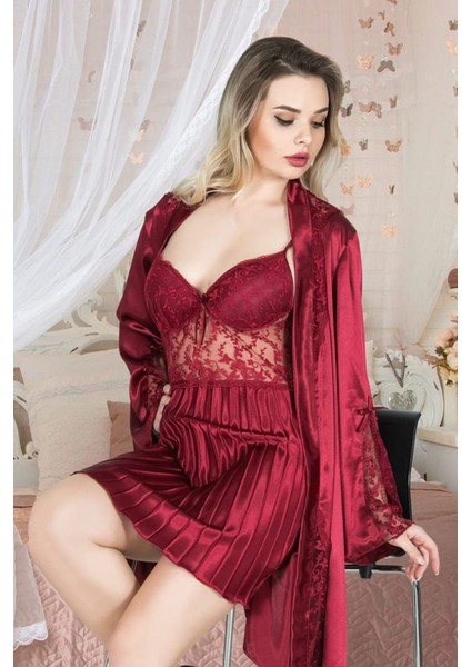 Angels Story Angel Story Çeyizlik Dantel Detaylı Bordo Saten Gecelik Sabahlık 2’li Takım