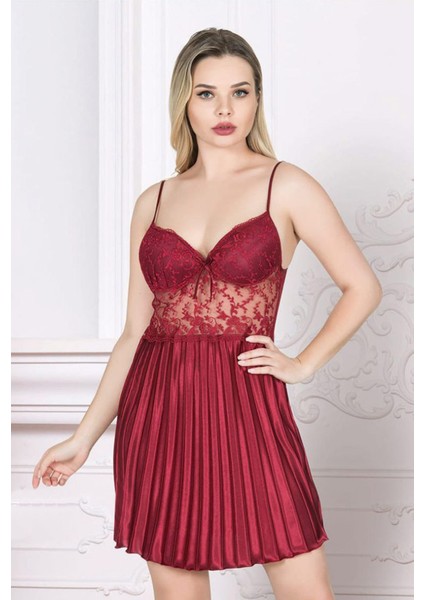 Angels Story Angel Story Çeyizlik Dantel Detaylı Bordo Saten Gecelik Sabahlık 2’li Takım