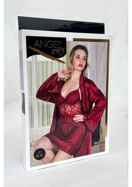 Angels Story Angel Story Çeyizlik Dantel Detaylı Bordo Saten Gecelik Sabahlık 2’li Takım