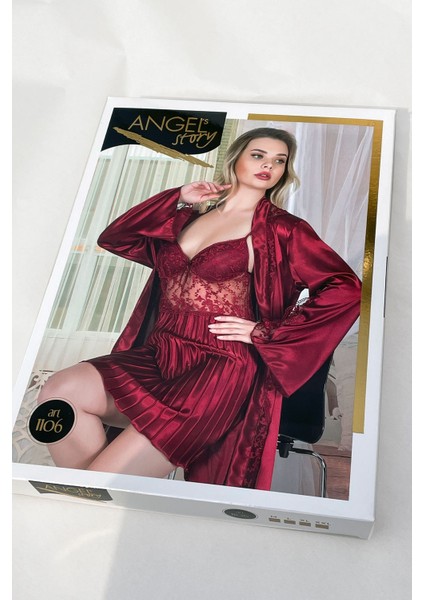 Angels Story Angel Story Çeyizlik Dantel Detaylı Bordo Saten Gecelik Sabahlık 2’li Takım