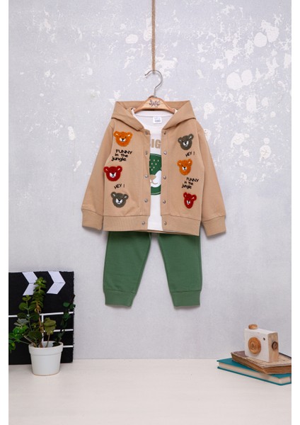 Erkek Bebek Pamuklu Sevimli Ayıcık Nakışlı Üçlü Takım