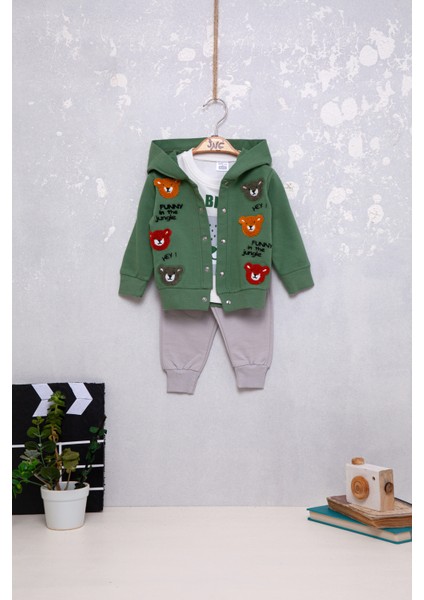 Erkek Bebek Pamuklu Sevimli Ayıcık Nakışlı Üçlü Takım