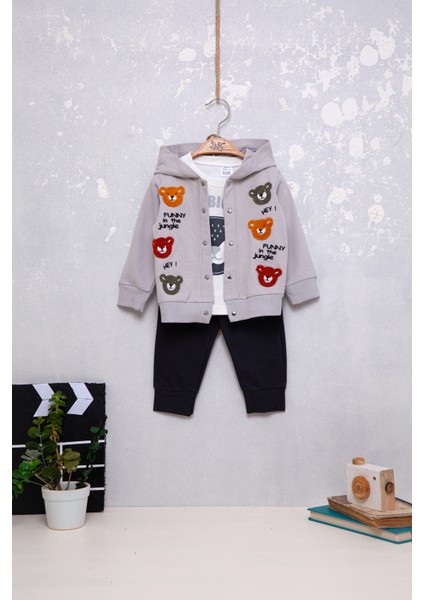 Erkek Bebek Pamuklu Sevimli Ayıcık Nakışlı Üçlü Takım