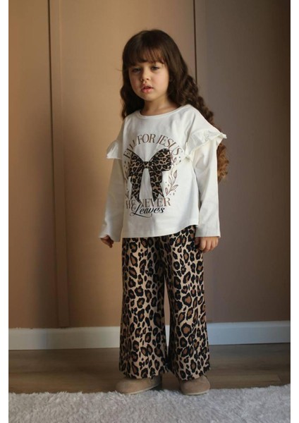Fiyonk Leopar Desen Kız Çocuk takım - Ekru fiyatları