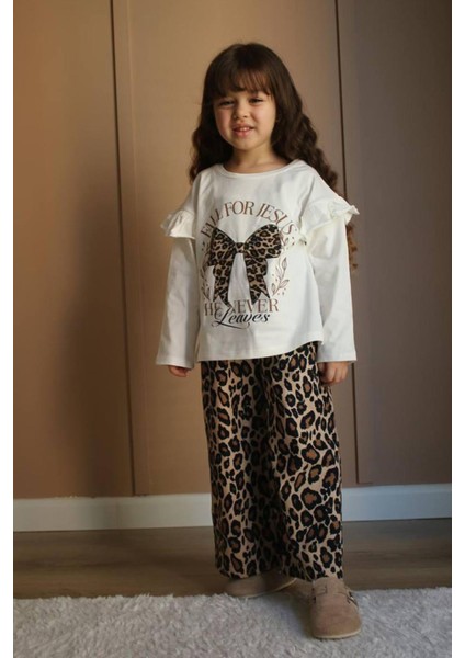 Fiyonk Leopar Desen Kız Çocuk takım - Ekru modelleri