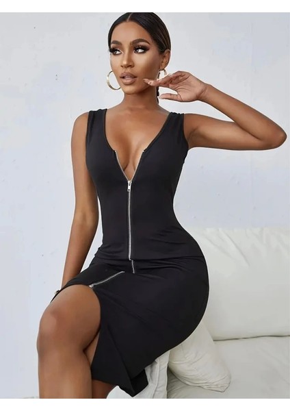 Zip-Up Bodycon Tank Elbise, V Yaka Kolsuz Diz Boyu Tank Elbise, Kadın Giyim