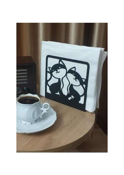 Kedi Desenli Peçetelik Sofra Mutfak Peçetelik Siyah