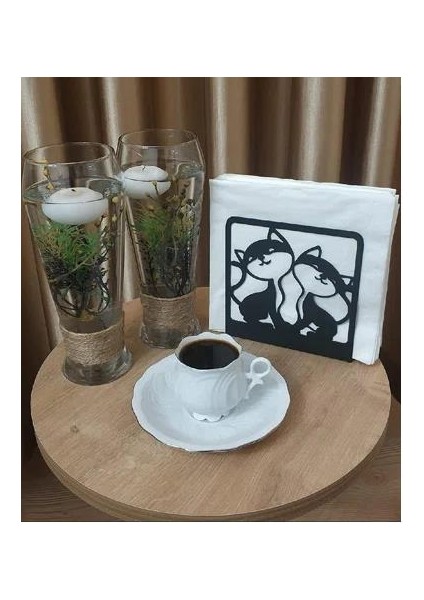 Kedi Desenli Peçetelik Sofra Mutfak Peçetelik Siyah