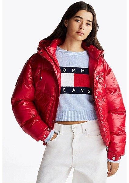 Kadın Tjw Shiny Hood Badge Puffer Mont Kırmızı modelleri