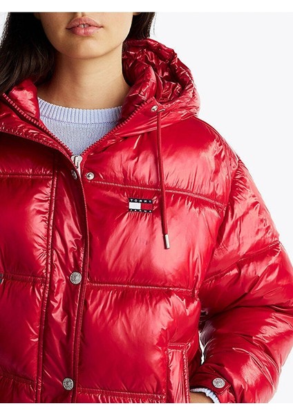 Kadın Tjw Shiny Hood Badge Puffer Mont Kırmızı indirimleri