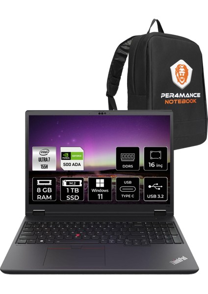 Thinkpad P16S Intel Core Ultra 7 155H 8gb 1tb SSD RTX500ADA/4GB 16'' Fhd+ W11H Mobil Iş Istasyonu & Per4 Çanta 21KS0000TXP303