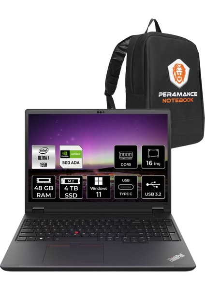 Thinkpad P16S Intel Core Ultra 7 155H 48GB 4tb SSD RTX500ADA/4GB 16'' Fhd+ W11H Mobil Iş Istasyonu & Per4 Çanta 21KS0000TXP330