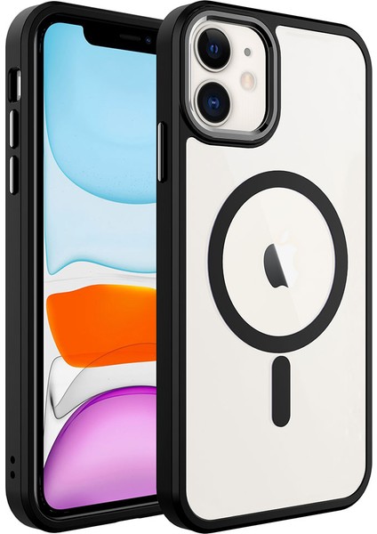 Apple iPhone 11 Kılıf Wireless Şarj Özellikli Zore Krom Magsafe Silikon Kapak-Siyah