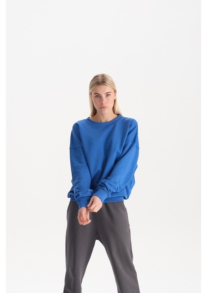 Kadın Mavi %100 Organik Pamuk Bisiklet Yaka Oversize Sweatshirt