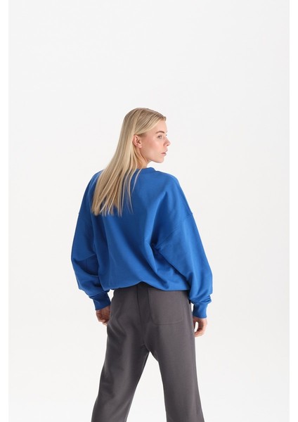 Kadın Mavi %100 Organik Pamuk Bisiklet Yaka Oversize Sweatshirt