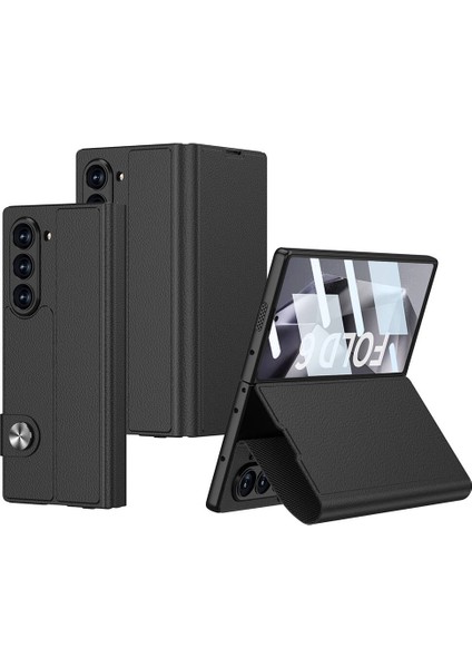 Samsung Galaxy Z Fold 6 Kılıf Suni Deri Tasarımlı Magnetik Tokalı ve Kartlıklı Zore Kıpta Zegna Kapak-Siyah