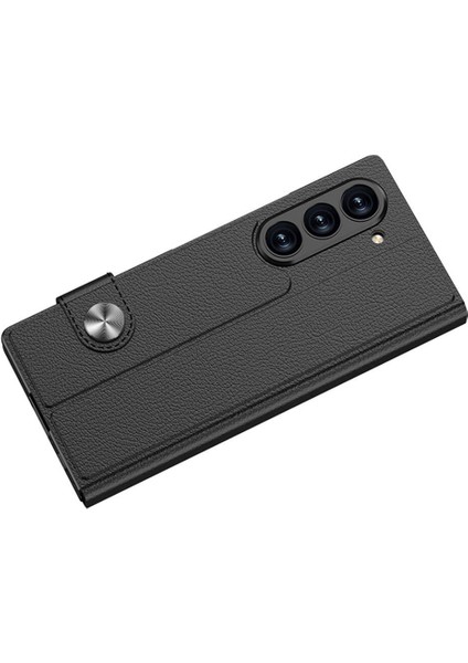 Samsung Galaxy Z Fold 6 Kılıf Suni Deri Tasarımlı Magnetik Tokalı ve Kartlıklı Zore Kıpta Zegna Kapak-Siyah