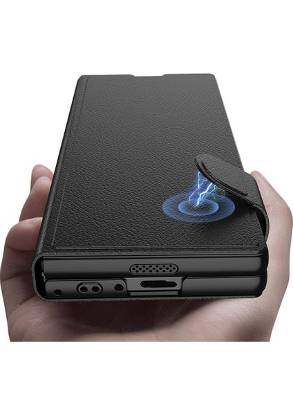 Samsung Galaxy Z Fold 6 Kılıf Suni Deri Tasarımlı Magnetik Tokalı ve Kartlıklı Zore Kıpta Zegna Kapak-Siyah