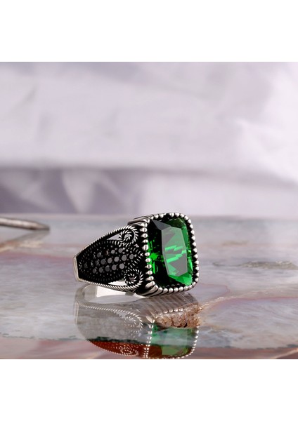 925 Ayar Gümüş Yeşil Zirkon Taşlı Telkari Model Erkek Yüzük fiyatları