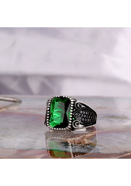 925 Ayar Gümüş Yeşil Zirkon Taşlı Telkari Model Erkek Yüzük modelleri
