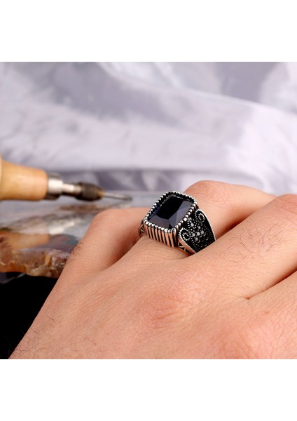 925 Ayar Gümüş Mavi Zirkon Taşlı Telkari Model Erkek Yüzük