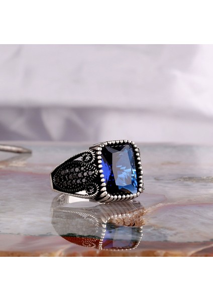 925 Ayar Gümüş Mavi Zirkon Taşlı Telkari Model Erkek Yüzük fiyatları