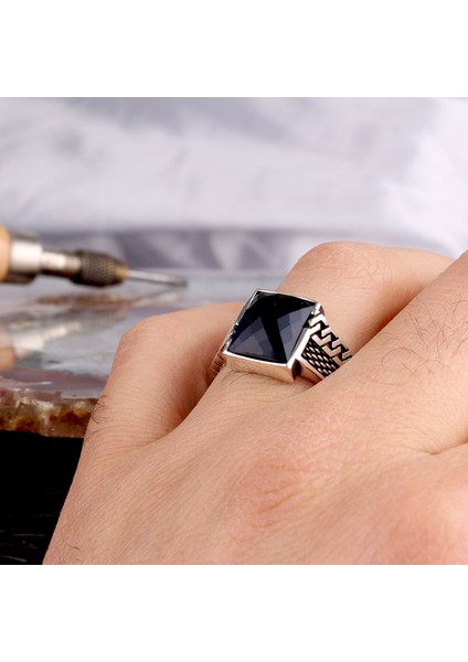 925 Ayar Gümüş Mavi Zirkon Taşlı Erkek Yüzük