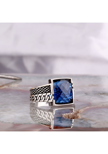 925 Ayar Gümüş Mavi Zirkon Taşlı Erkek Yüzük fiyatları