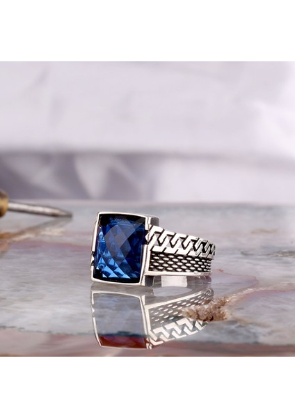 925 Ayar Gümüş Mavi Zirkon Taşlı Erkek Yüzük modelleri