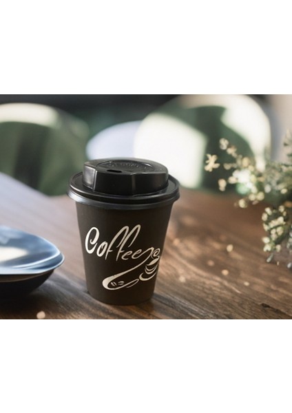 8 Oz Siyah Kapaklı Karton Bardak Kahve Çay Kağıt Bardak 250 ml - 50'li