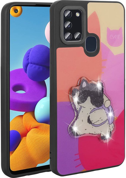 Samsung Galaxy A21S Kılıf Parlayan Kabartmalı Ikonik Figürlü Zore Amas Silikon Kapak-Mor