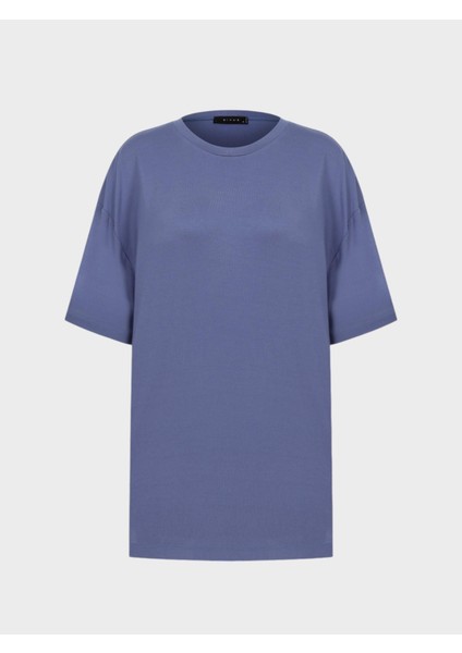 Oversize Dökümlü Viskon T-Shirt - Mavi