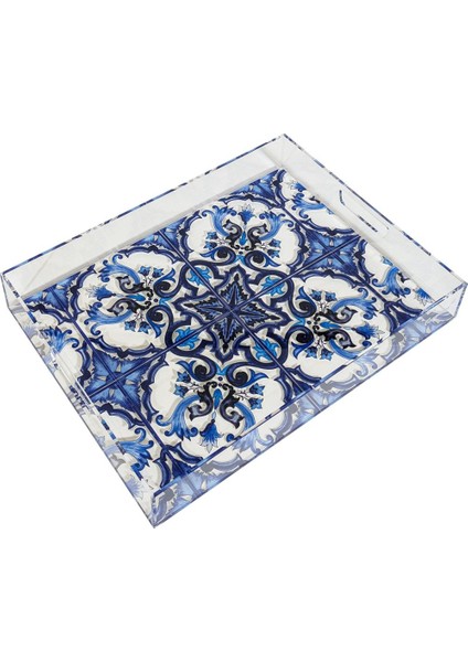 Majolica Tepsi Akrilik Mavi & Beyaz, Şık Ve Fonksiyonel Tasarım (40 X 30 Cm)