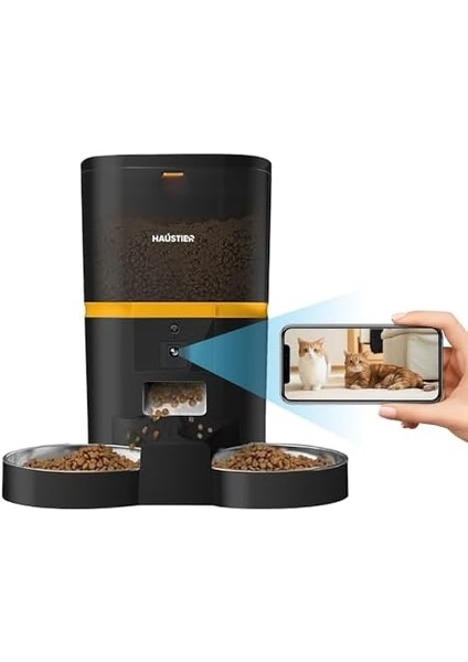Haustier QQ005-DUAL Kameralı Akıllı Kedi Köpek Otomatik Mama Kabı, App Uzaktan Kontrol, Sesle Çağırma, 480P Kamera, 6lt Hazne, Çift Metal Kase (Siyah)