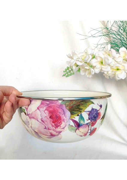 Rose Emaye Vintage Karıştırma Yoğurma Salata Kabı 3, 5 Litre 24 cm Çap
