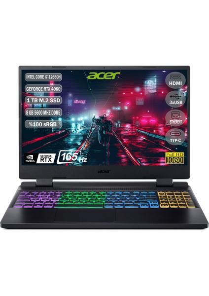 Nitro 5 AN515 Intel Core i7 12650H 8GB 1TB SSD RTX4060 Freedos 15.6'' IPS Taşınabilir Gaming Bilgisayar NH.QM0EY.00B