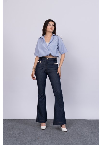 Ön Süs Cepli Düğme Detaylı Denim Likralı Pantolon 30173