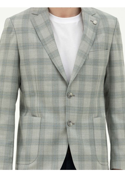 Erkek Açık Yeşil Slim Fit %100 Yün Ekose Ceket 50284963-VR092