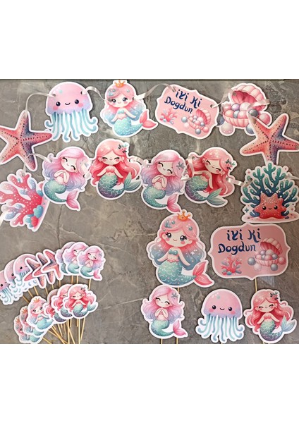 KUROMI-32PARÇA Tatlı Denizkızı Deniz Dev Doğum Günü Süsü Banner Pasta Kürdanı Cupcake Süsü Seti