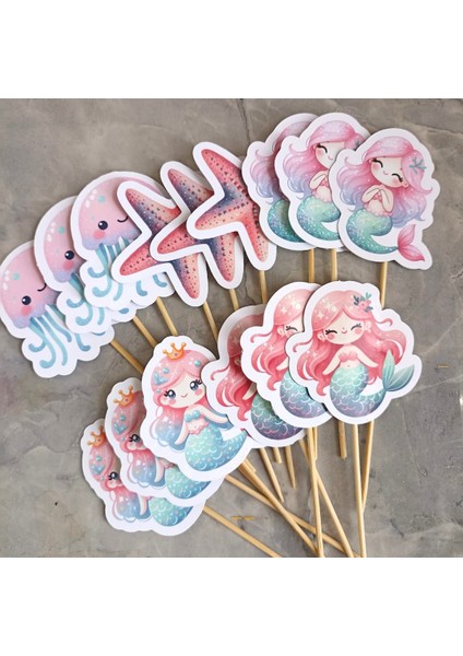 KUROMI-32PARÇA Tatlı Denizkızı Deniz Dev Doğum Günü Süsü Banner Pasta Kürdanı Cupcake Süsü Seti
