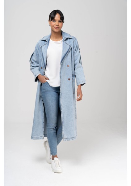 Kruvaze Apolet Detaylı Oversize Denim Trençkot Mavi 6592