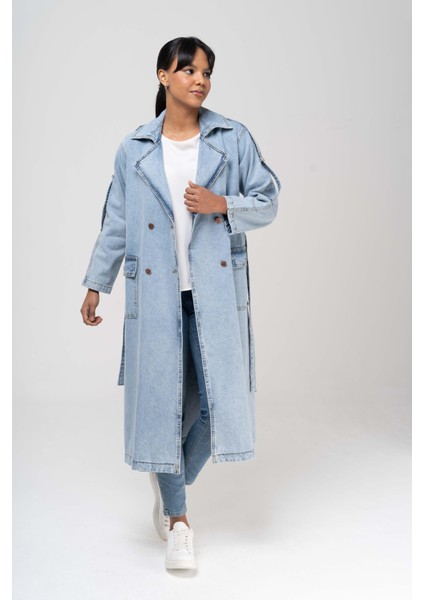 Kruvaze Apolet Detaylı Oversize Denim Trençkot Mavi 6592