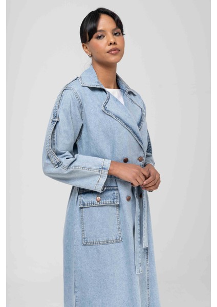 Kruvaze Apolet Detaylı Oversize Denim Trençkot Mavi 6592