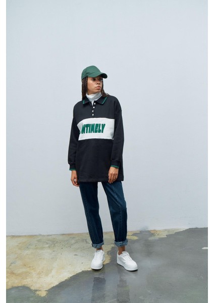 Siyah Kadın 3 Iplik Baskılı Bisiklet Yaka Ön Düğmeli Sweatshirt