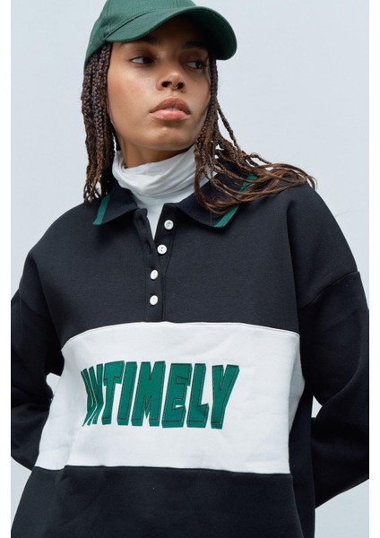 Siyah Kadın 3 Iplik Baskılı Bisiklet Yaka Ön Düğmeli Sweatshirt fiyatları