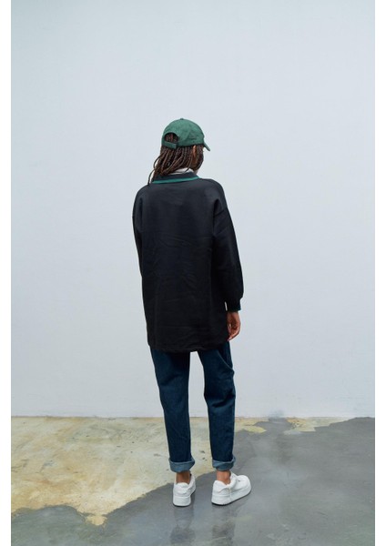 Siyah Kadın 3 Iplik Baskılı Bisiklet Yaka Ön Düğmeli Sweatshirt indirimleri