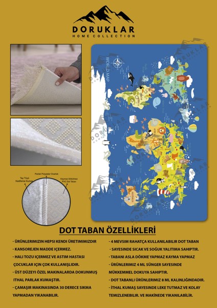 Kaymaz Taban Makinada Yıkanabilir Dijital Baskı Dünya Haritası Desenli Çocuk Odası Halısı Dot Taban Halı