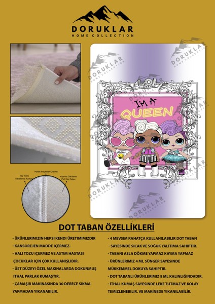 Kaymaz Taban Makinada Yıkanabilir Dijital Baskı Lol Bebekler Desenli Çocuk Odası Halısı Dot Taban Halı