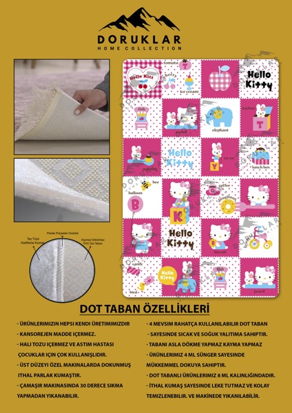 Kaymaz Taban Makinada Yıkanabilir Dijital Baskı Hello Kitty Desenli Çocuk Odası Halısı Dot Taban Halı